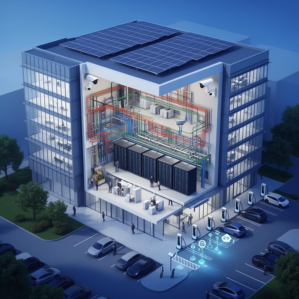 Vue en coupe d'un bâtiment tertiaire avec systèmes électriques et connectés